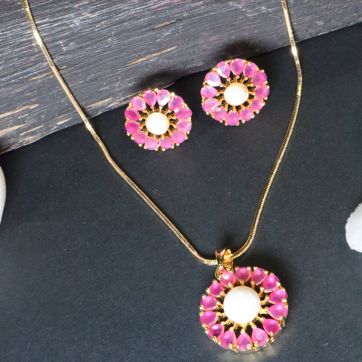 Gold-Toned Floral Pendant Set with Pink Stones and Pearl - SIA453097