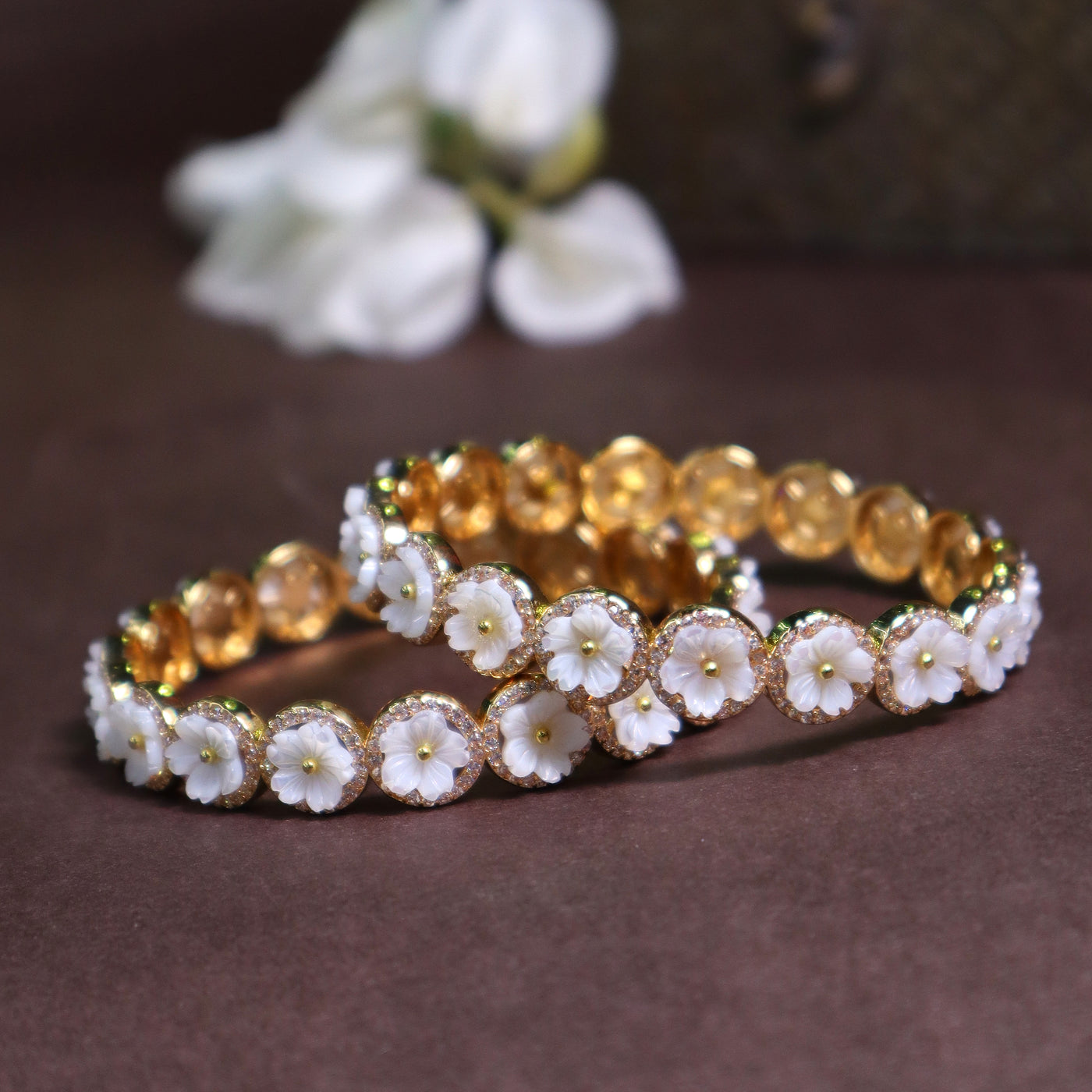 Gold Finish Floral Bangles with White Stone Detailing - SIA453167