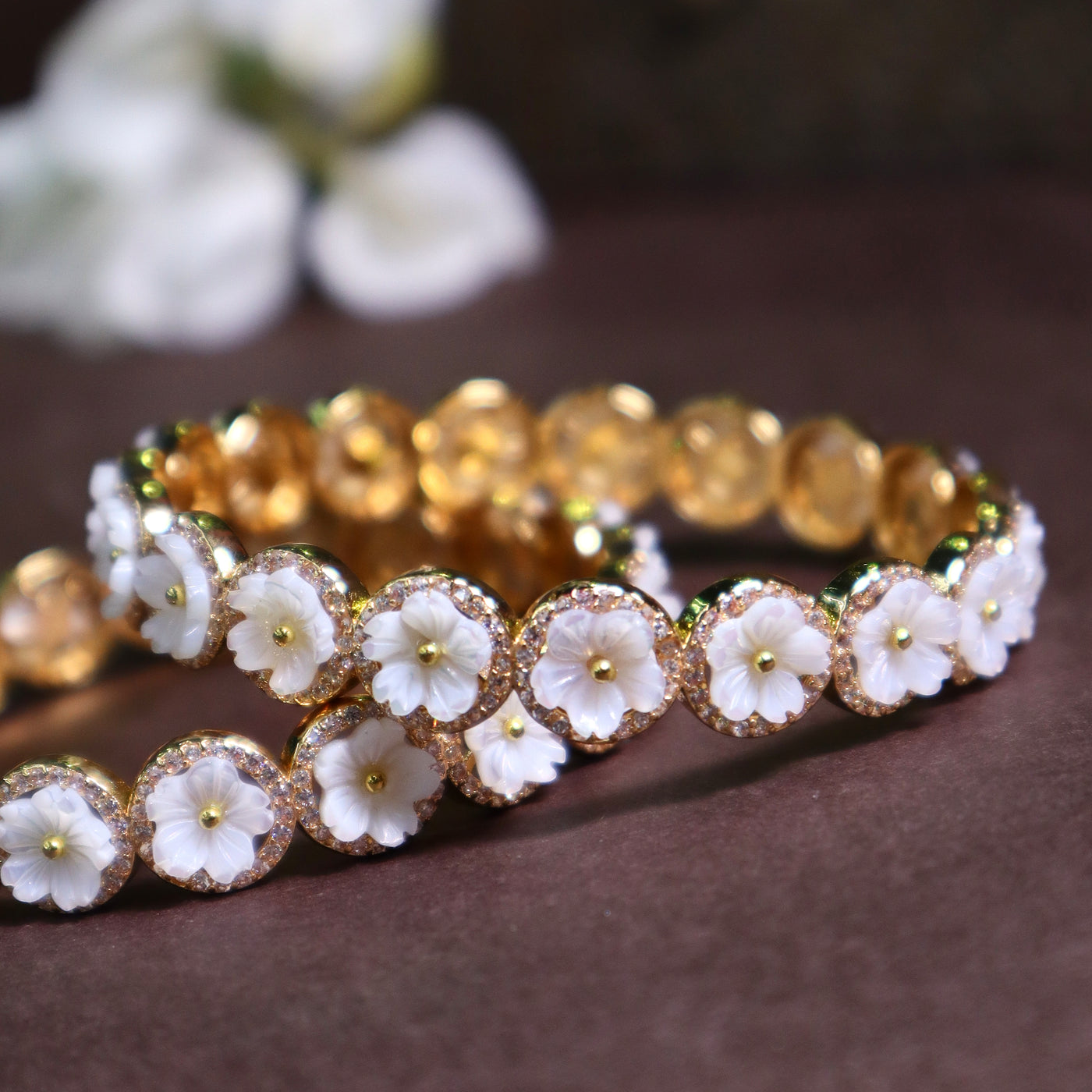 Gold Finish Floral Bangles with White Stone Detailing - SIA453167