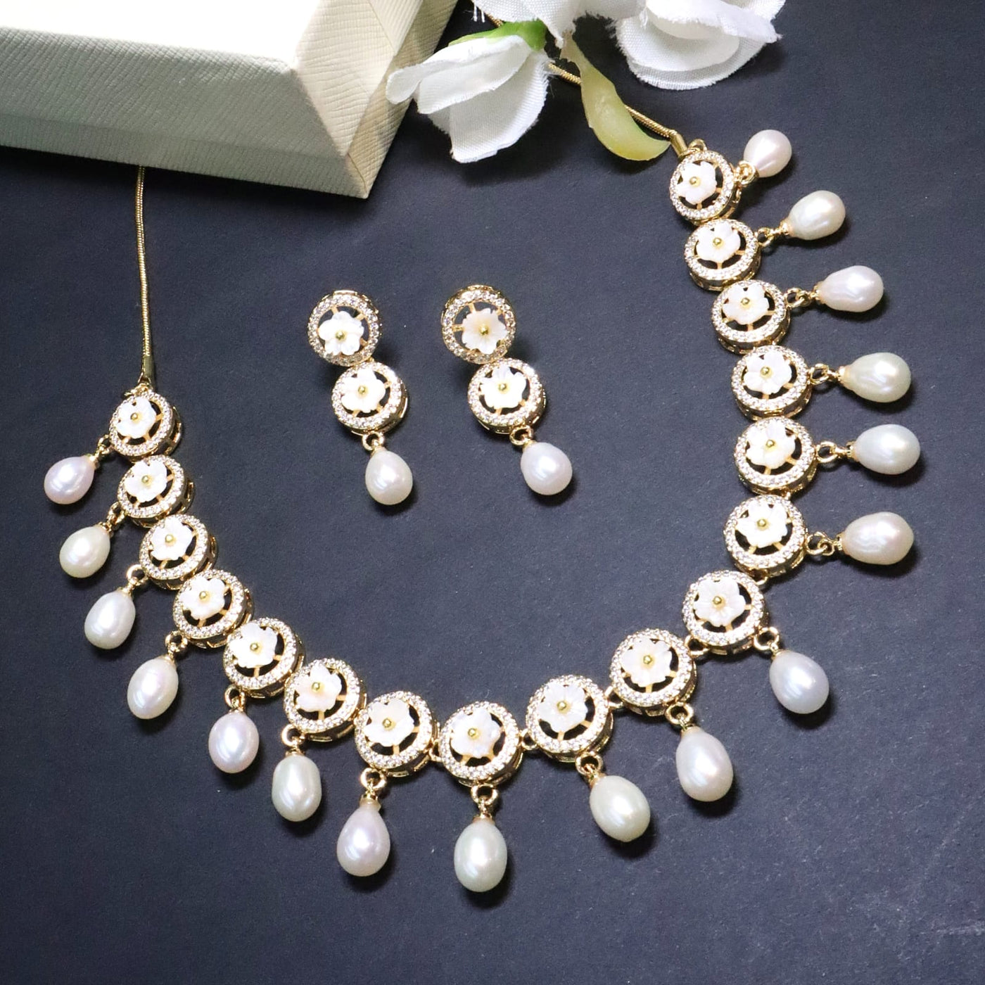 Pearl Drop Flower Link Choker Set - SIA453172