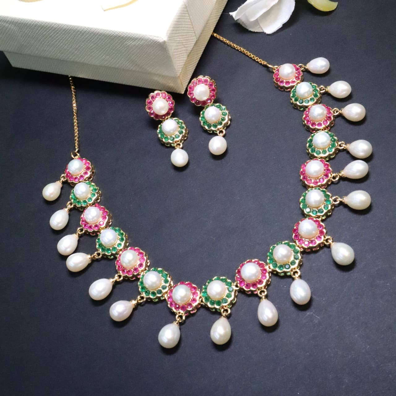 Pink & Green Pearl Drop Choker Set - SIA453174