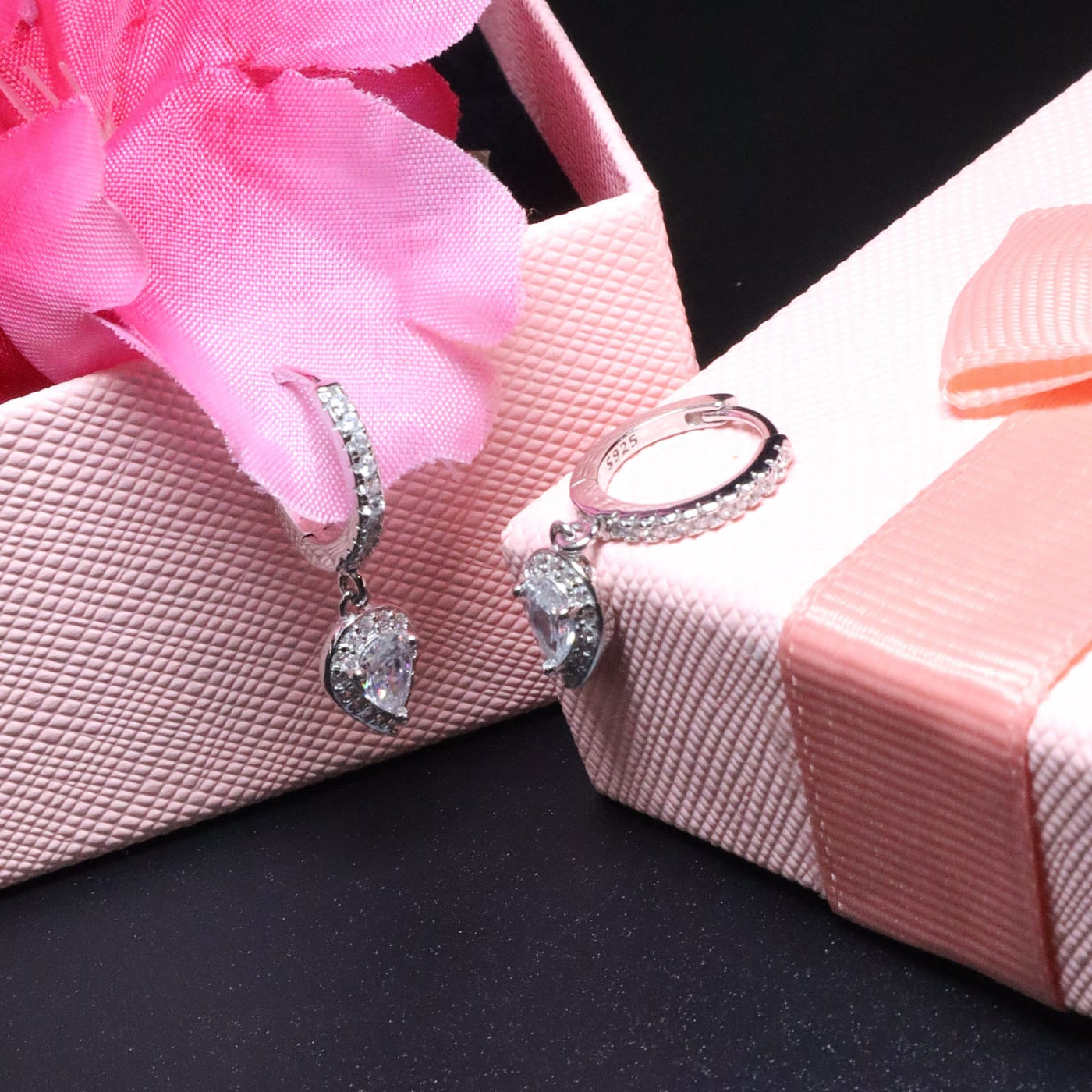 Silver Teardrop Crystal Hoop Earrings - SIA453245