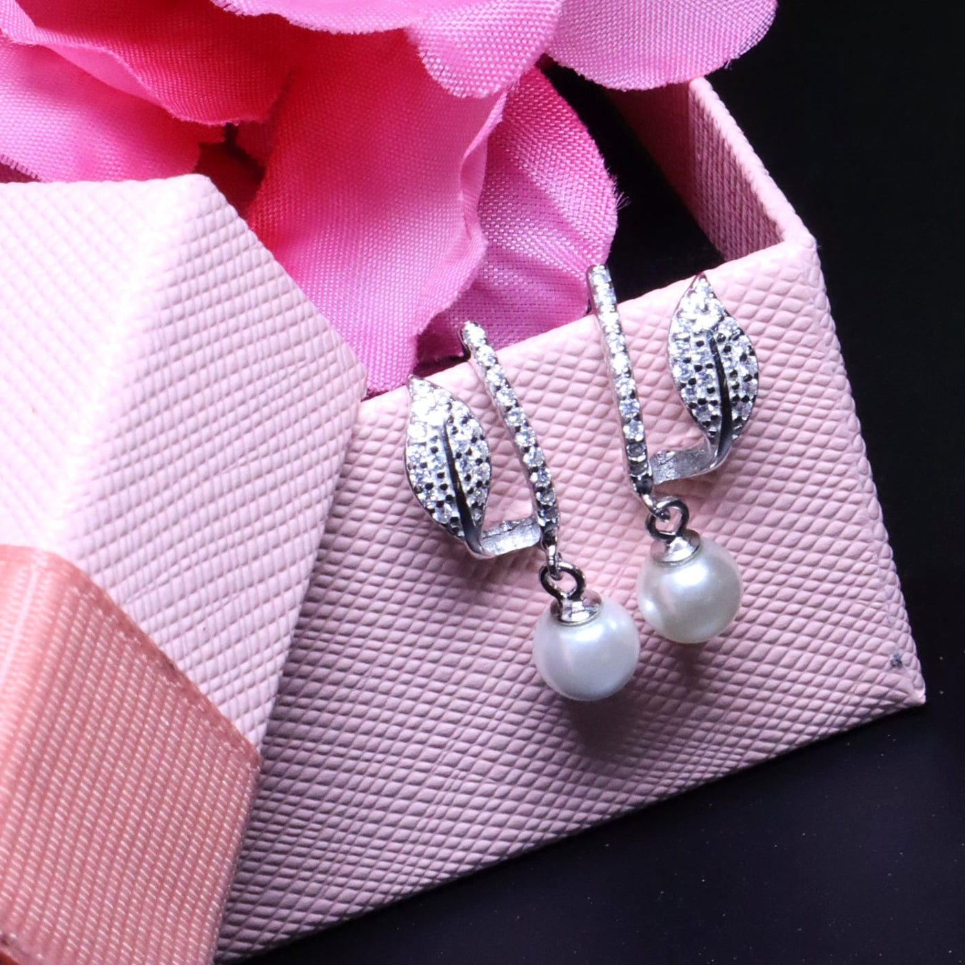 Silver Leaf Pearl Drop Earrings - SIA453247