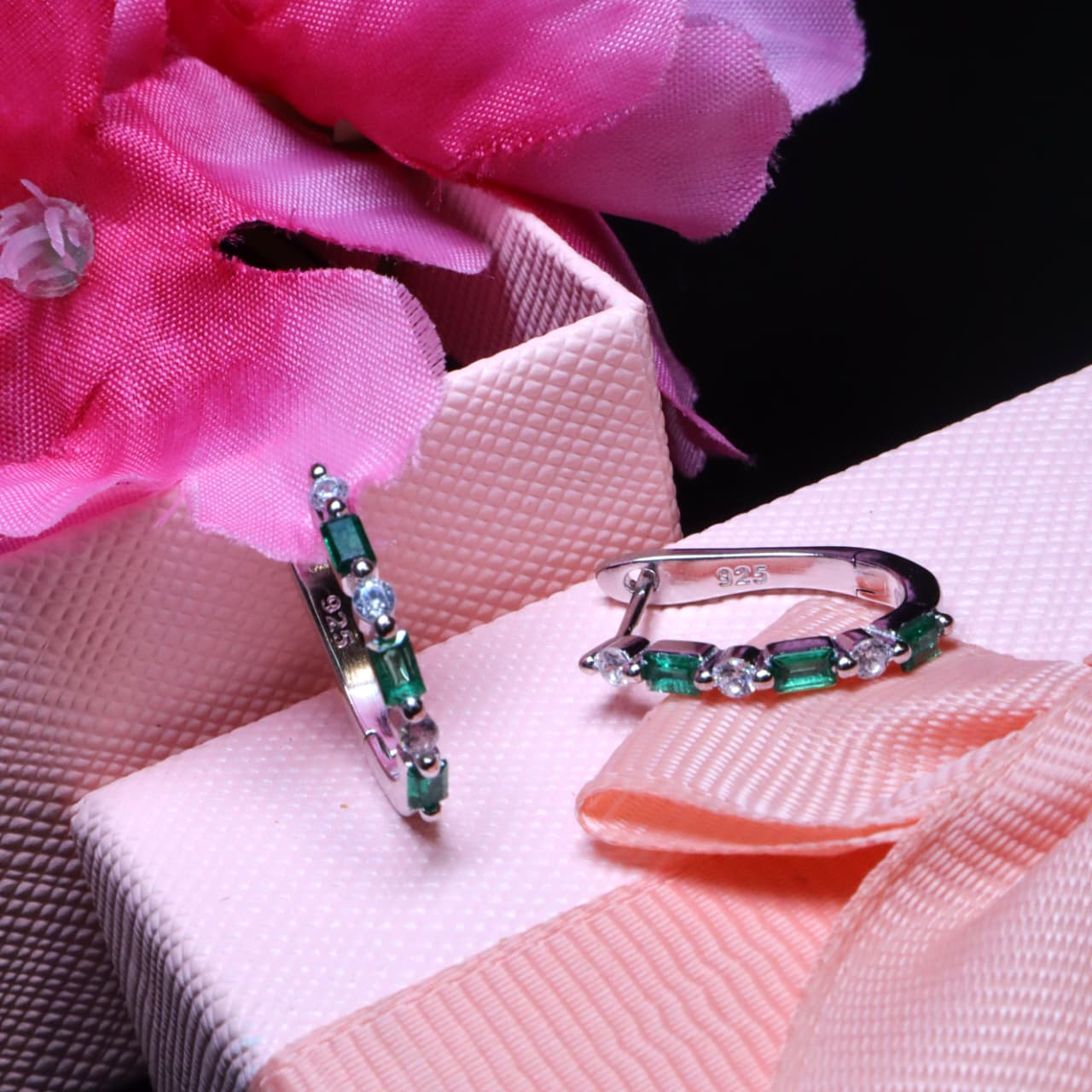 Silver Hoop Earrings with Green Emerald & Round White Stones - SIA453253