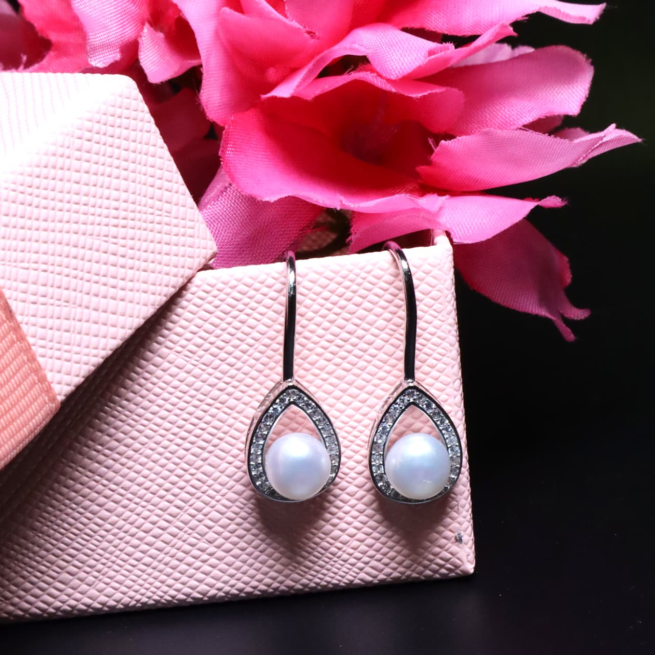 Silver Teardrop Pearl Earrings with CZ Accents - SIA453265