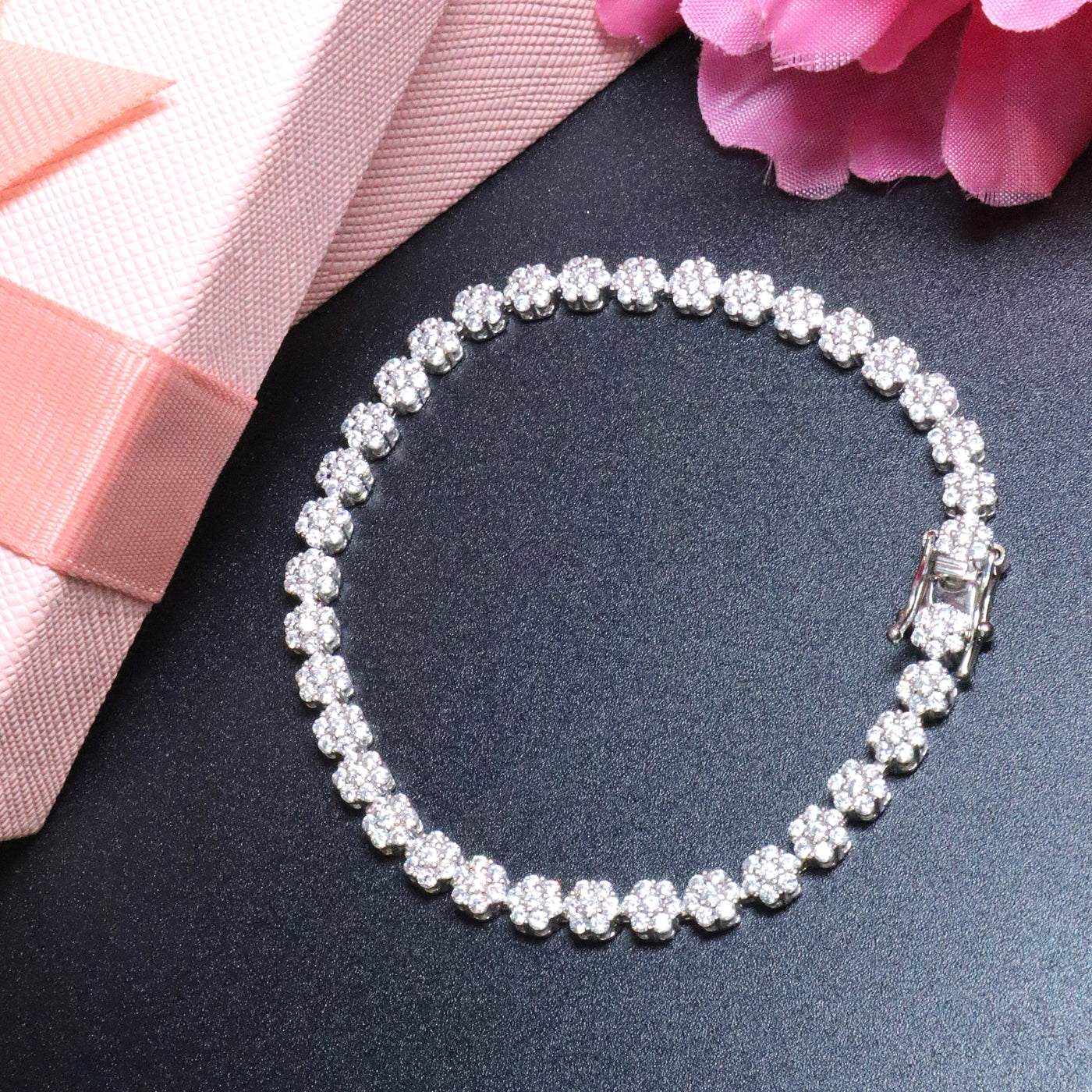 Silver Floral CZ Tennis Bracelet - SIA453266