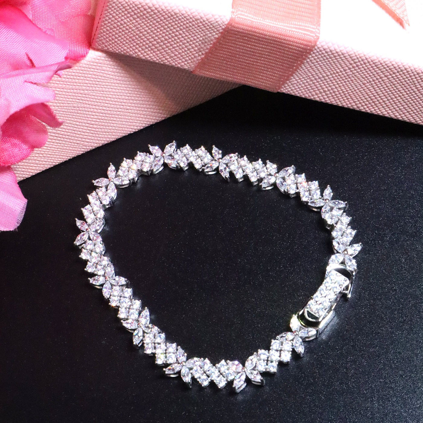 Silver Leaf Tennis Bracelet with Sparkling White Stones - SIA453271