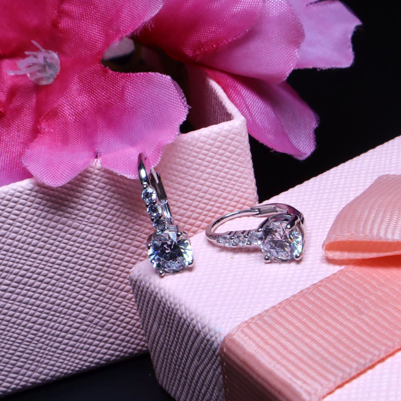 Silver Round Solitaire Drop Earrings with Crystal Accents - SIA453273