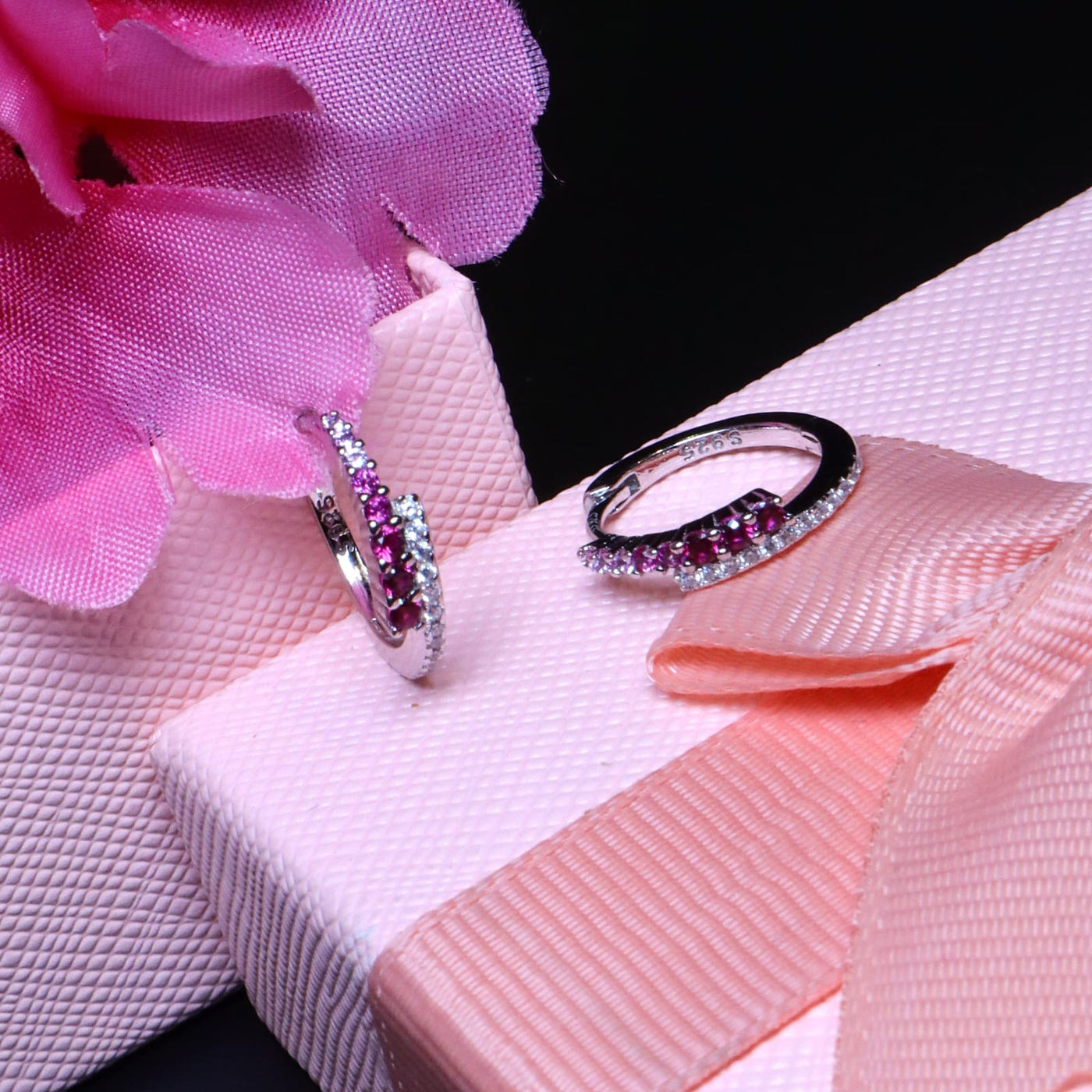 Pink and White Dual Row Hoop Earrings in Silver Tone - SIA453276