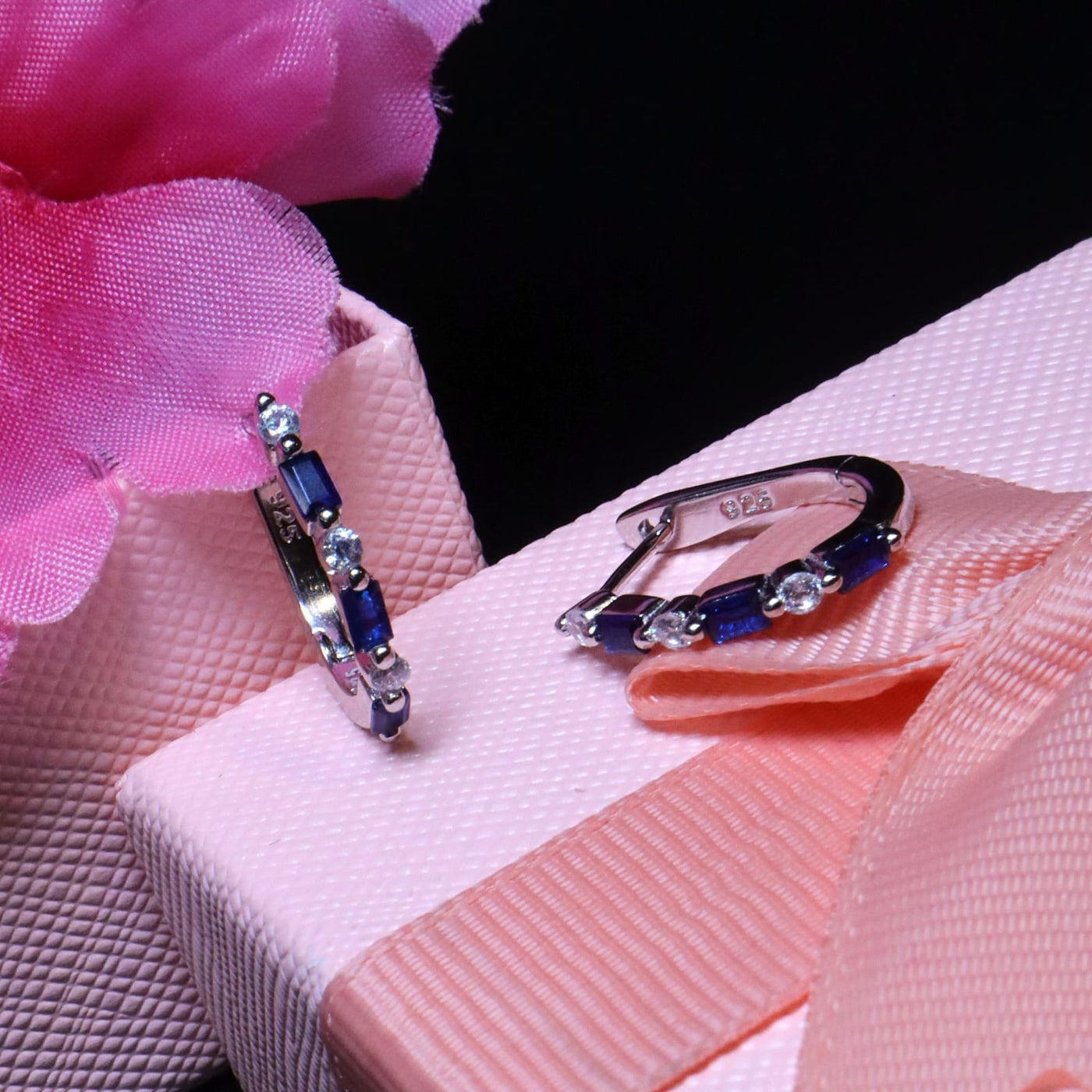 Blue and White Stone Half Hoop Earrings in Silver Finish - SIA453278