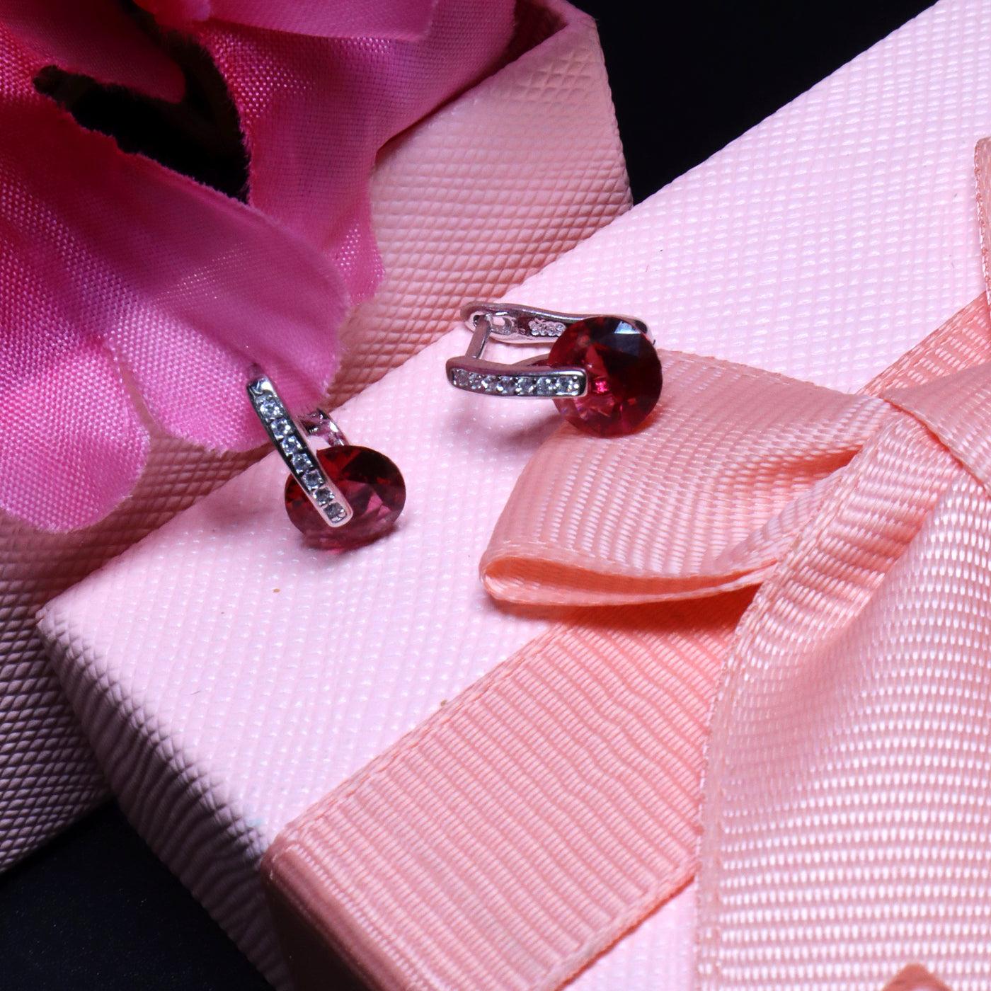 Ruby Red Round Drop Earrings with Silver Crystal Detailing - SIA453279