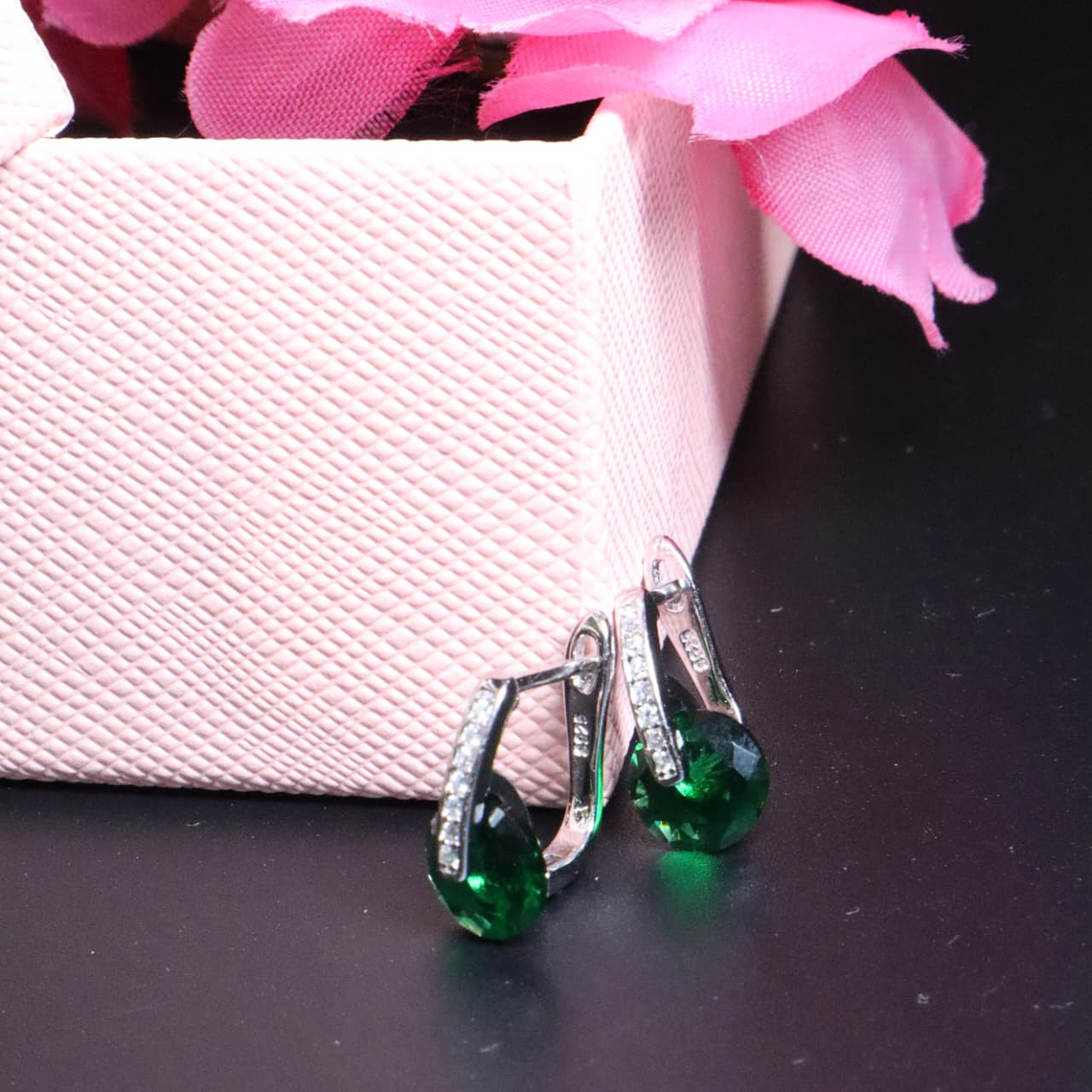 Emerald Green Teardrop Earrings with Silver Crystal Accents - SIA453280