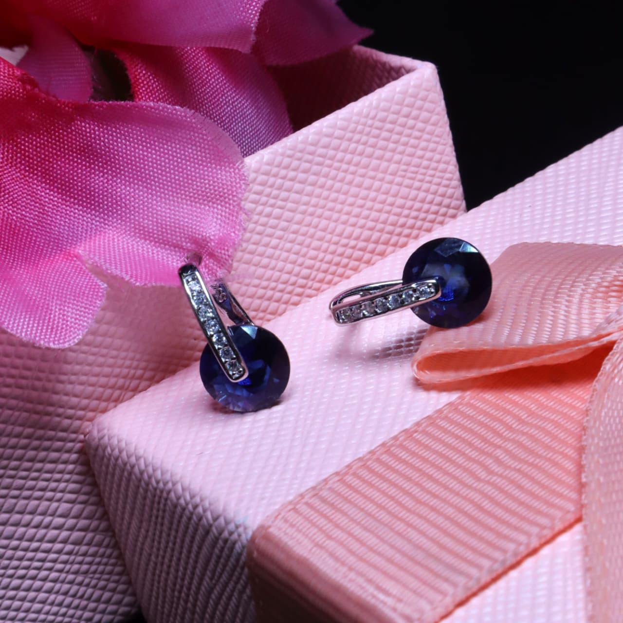 92.5 Sterling Silver - Blue Round Crystal Drop Earrings with Silver Detailing - SIA453281