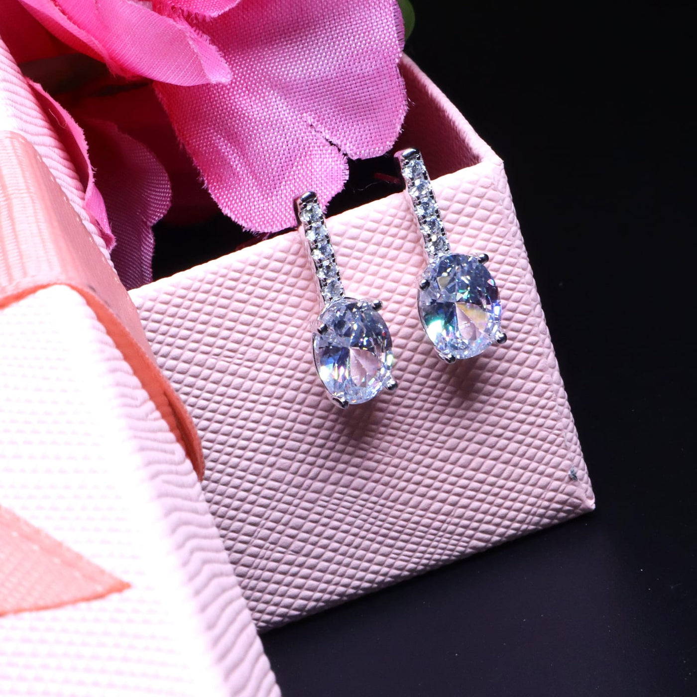 92.5 Sterling Silver - Sparkling Silver Oval Drop Earrings with Crystal Accents - SIA453283