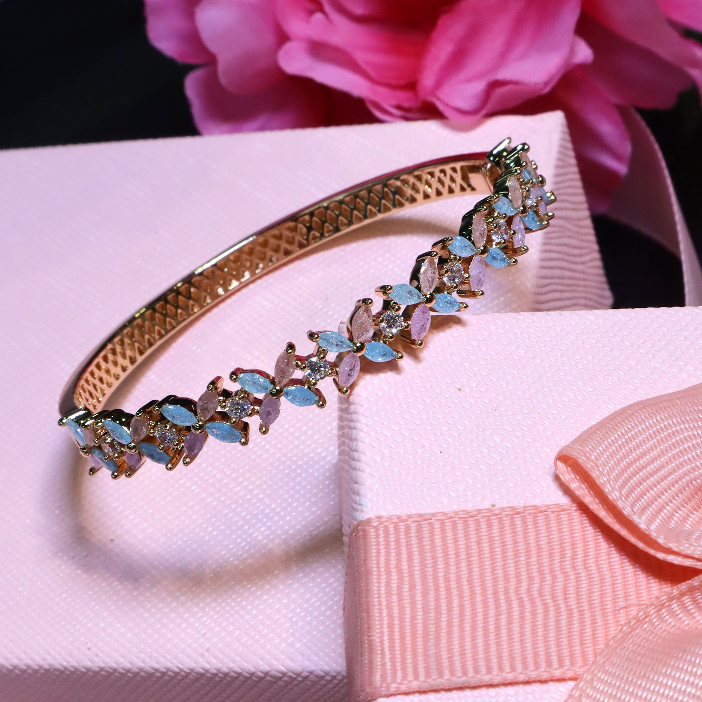 Gold-Toned Kada Bracelet with Multicolored Marquise-Cut Leaves - SIA453371