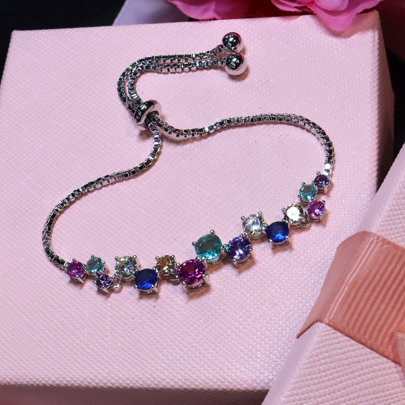 Rhodium Plated Multicolored Round Stone Bracelet - SIA453377