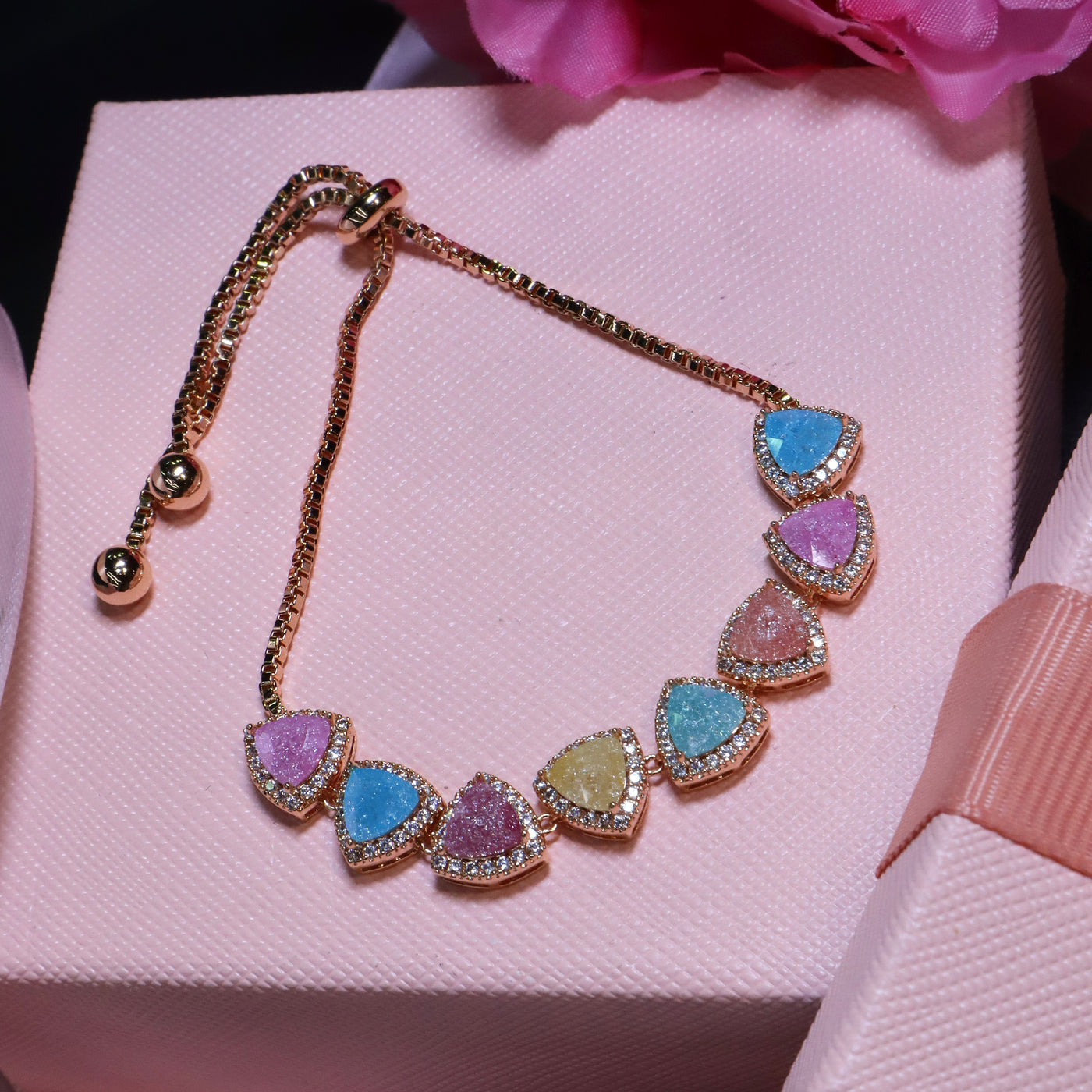 Rose Gold-Toned Bracelet with Multicolored Triangular Stones - SIA453379