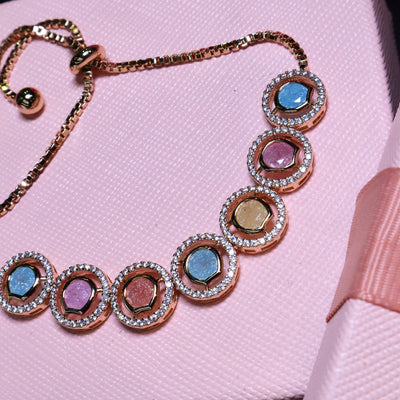 Rose Gold-Toned Bracelet with Multicolored Round Halos - SIA453380