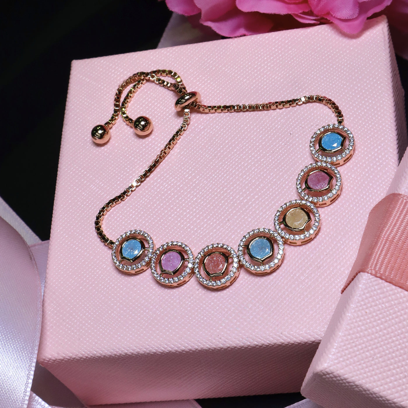 Rose Gold-Toned Bracelet with Multicolored Round Halos - SIA453380