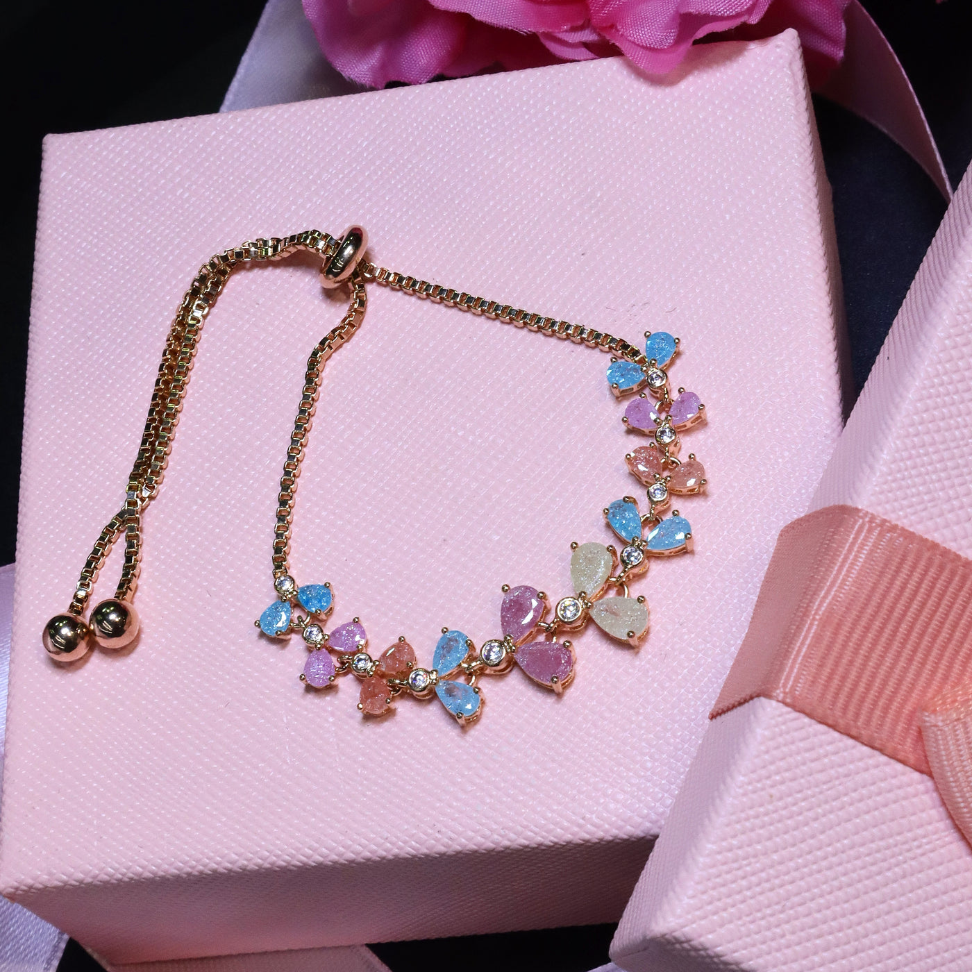 Gold-Toned Bracelet with Multicolored Floral Clusters - SIA453381