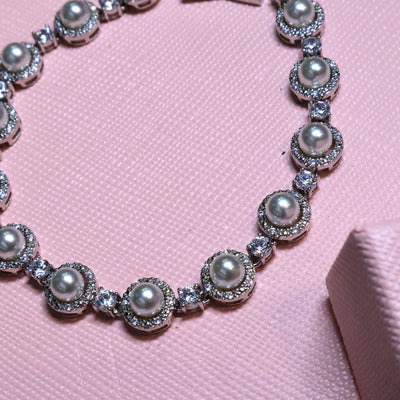 Rhodium Plated Pearl and Cubic Zirconia Halo Bracelet - SIA453388
