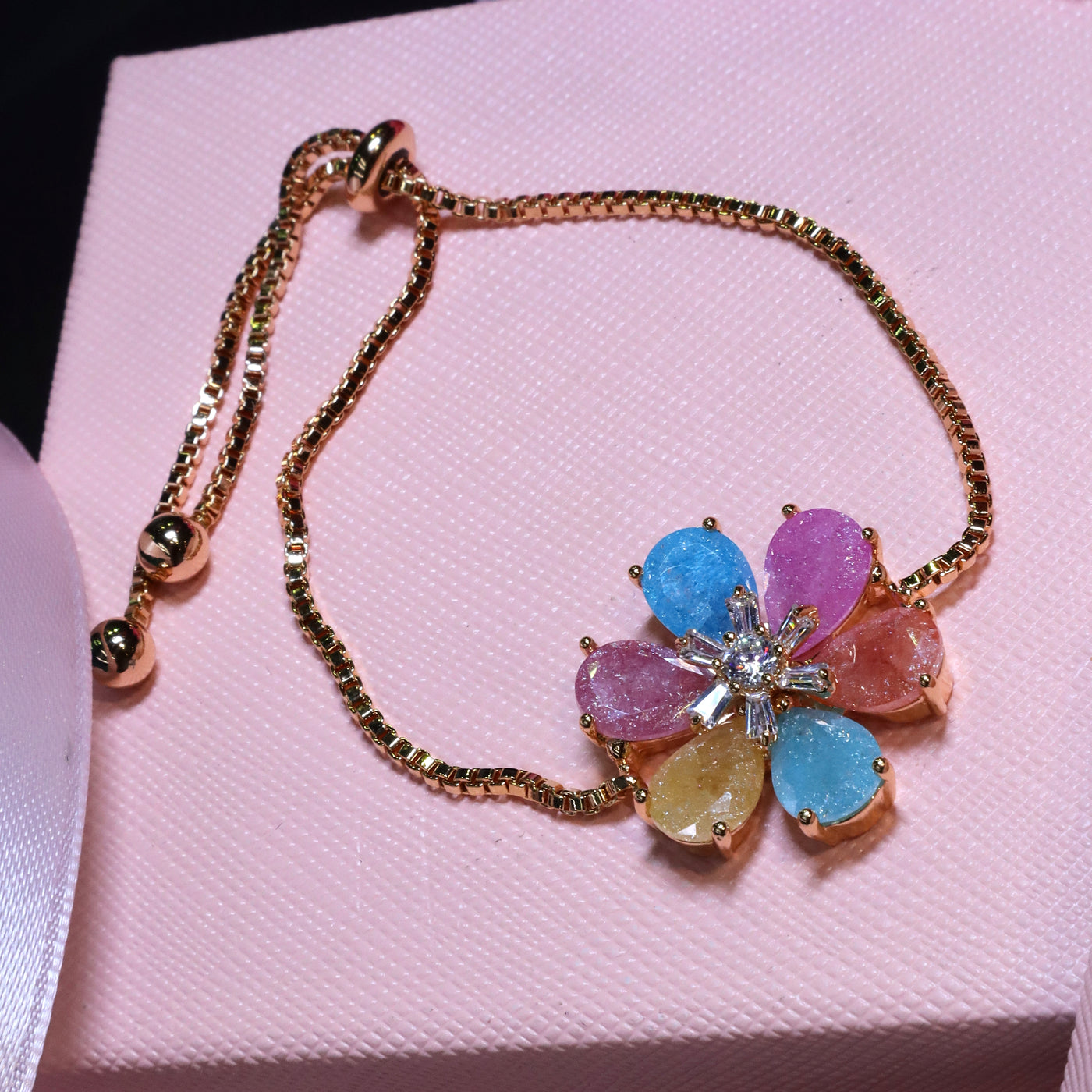 Gold-Toned Bracelet with Multicolored Floral Cluster - SIA453390