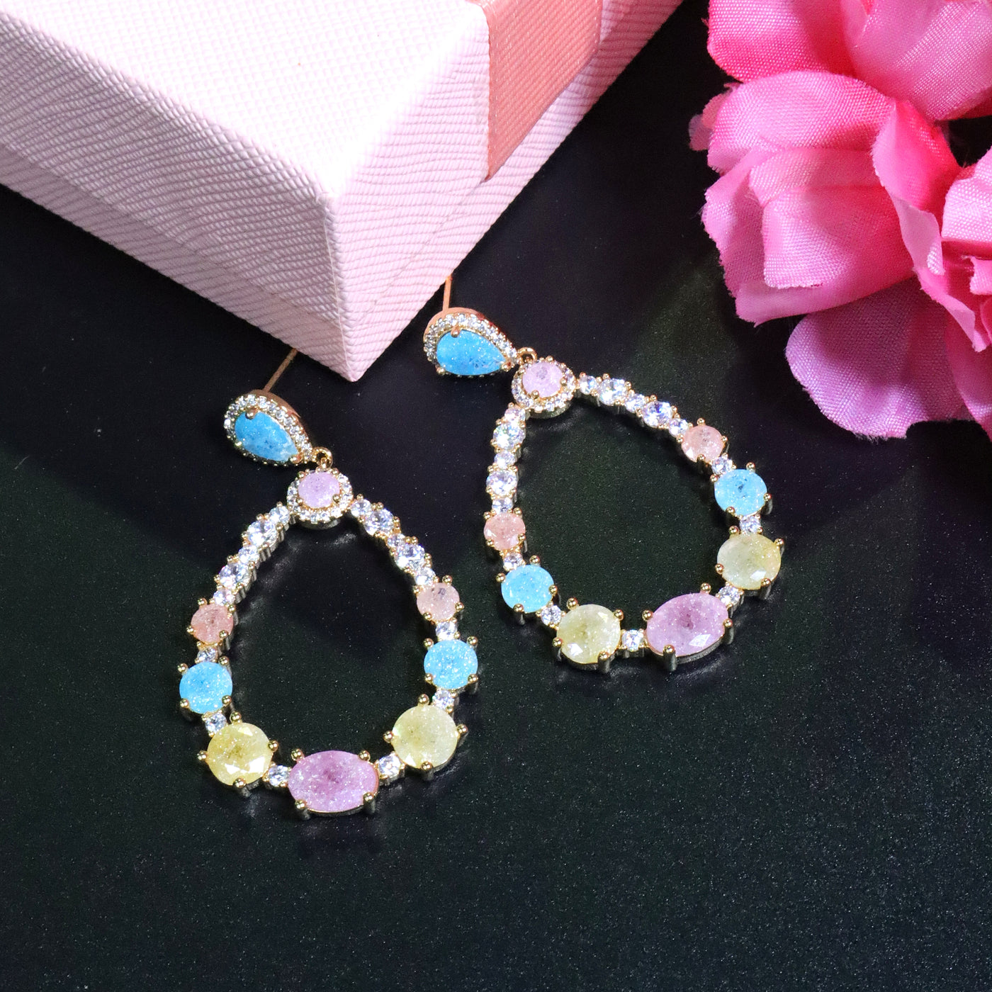 Multicolored CZ Teardrop Dangle Earrings - SIA453402