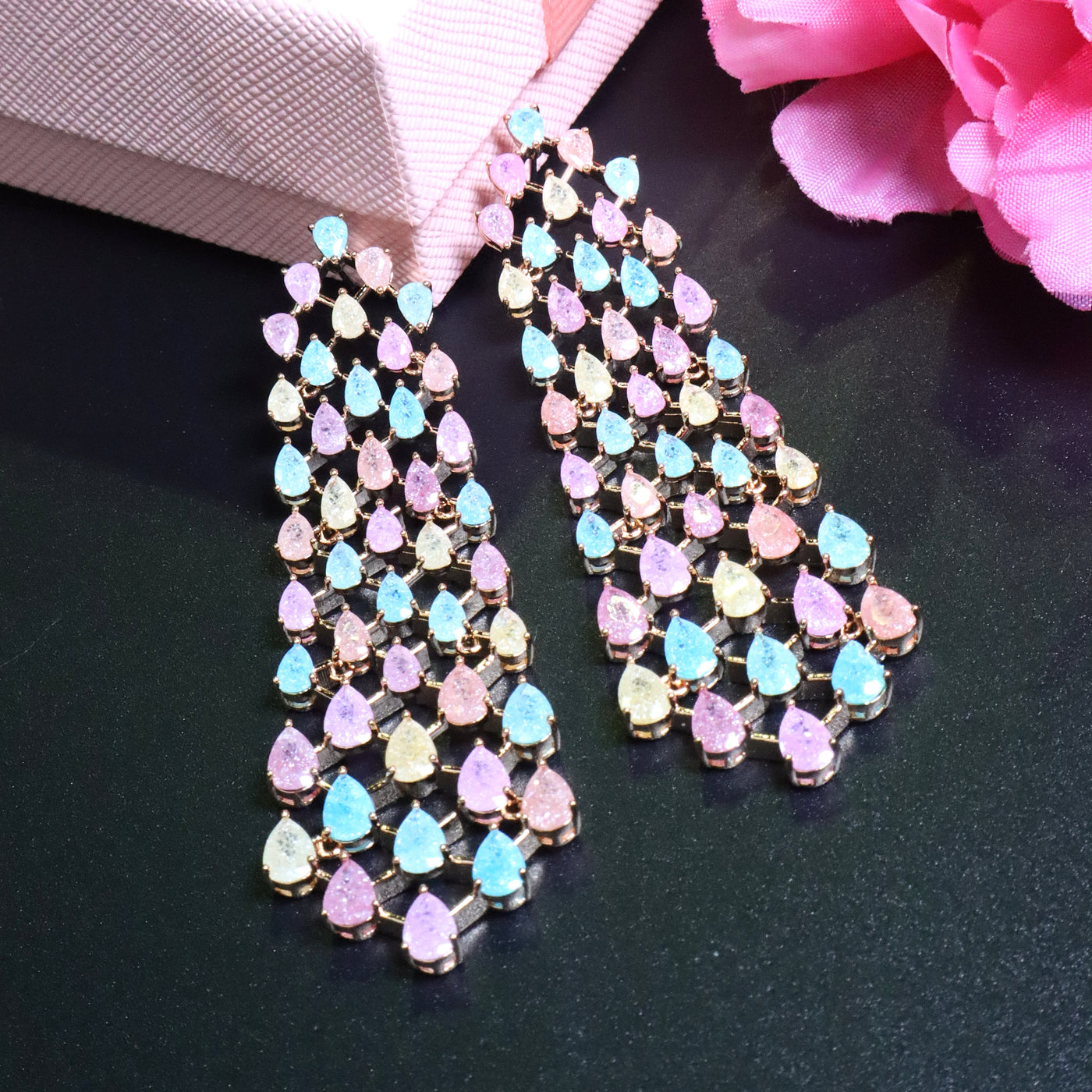 Pastel Teardrop Cascade Long Earrings in Gold Tone - SIA453403