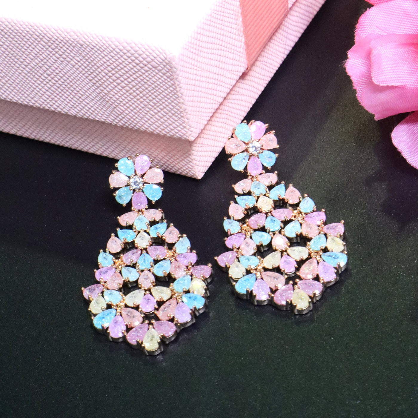 Pastel Teardrop Floral Dangle Earrings in Gold Tone - SIA453404