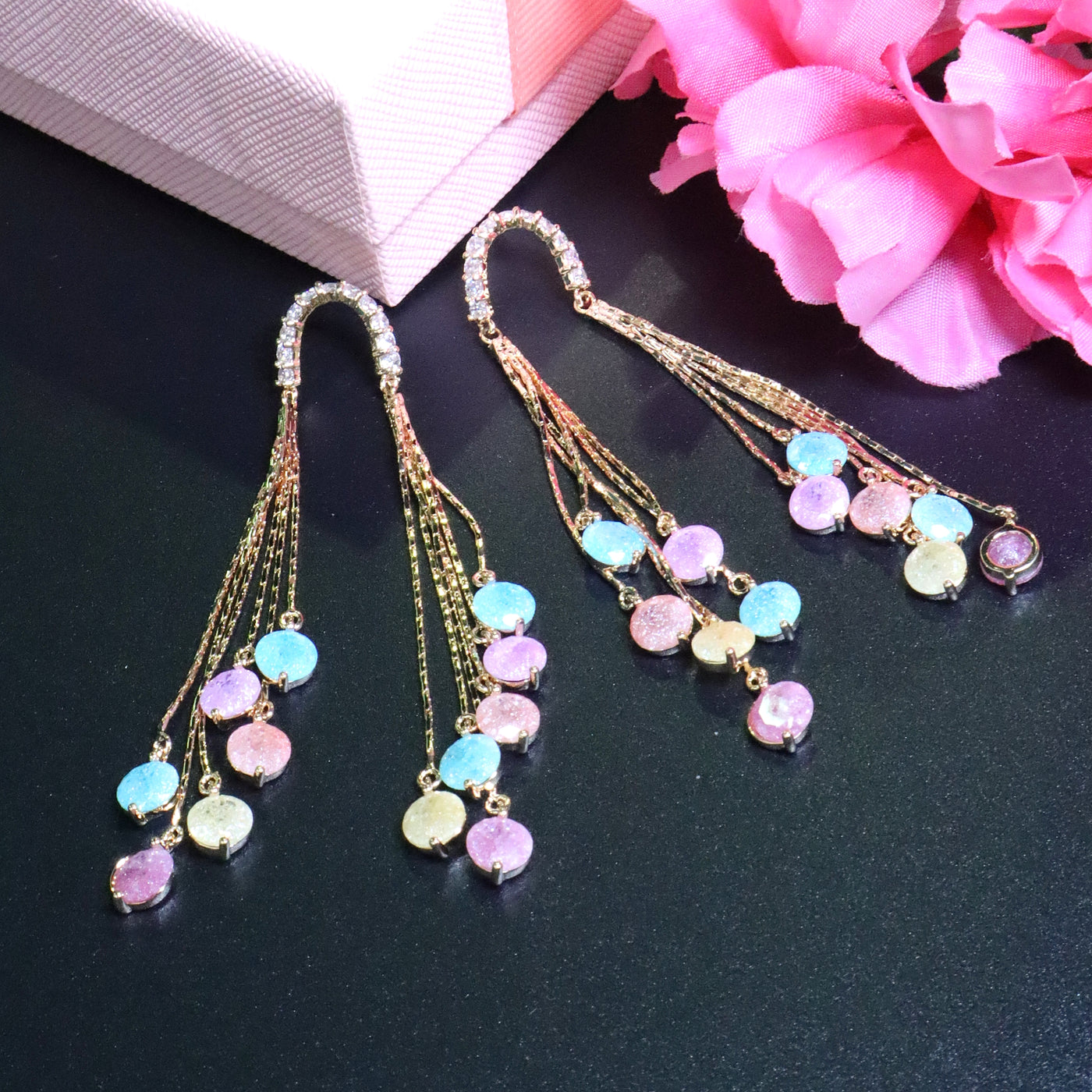 Gold Pastel Tassel Dangle Earrings with Round Crystal Drops - SIA453407
