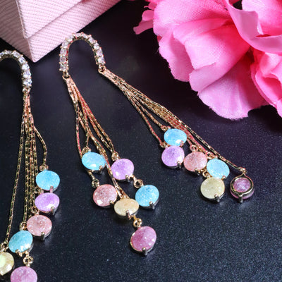 Gold Pastel Tassel Dangle Earrings with Round Crystal Drops - SIA453407