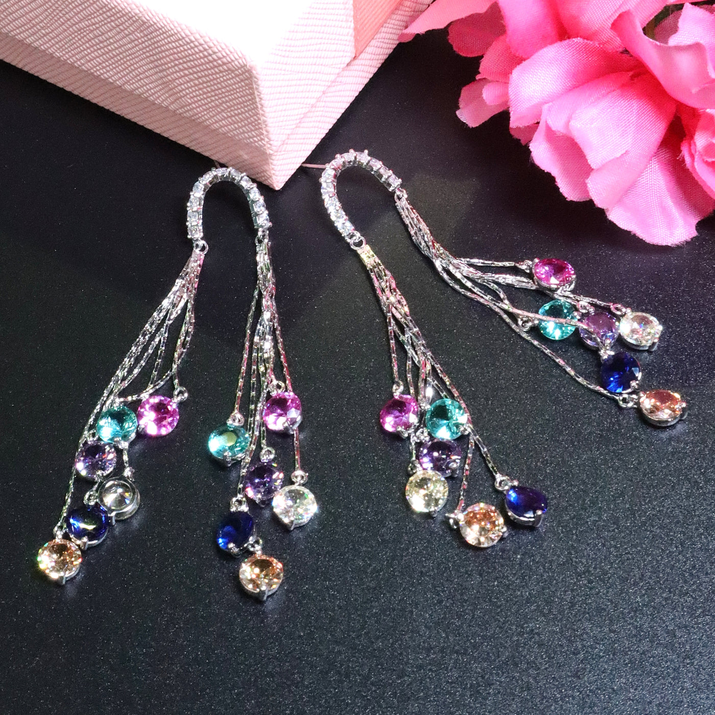 Silver Multi-Color Crystal Tassel Dangle Earrings - SIA453408