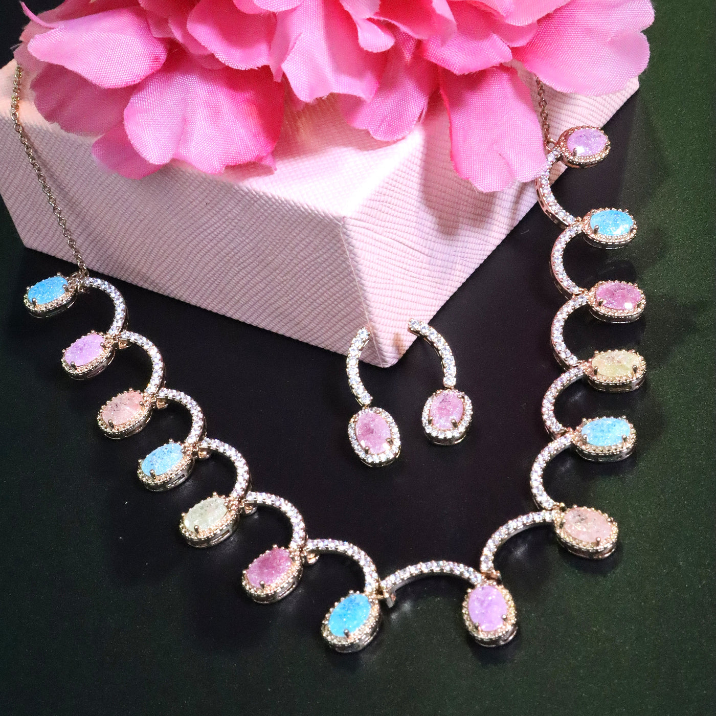 Pastel Oval Stone Curve Necklace Set in Rose Gold - SIA453419
