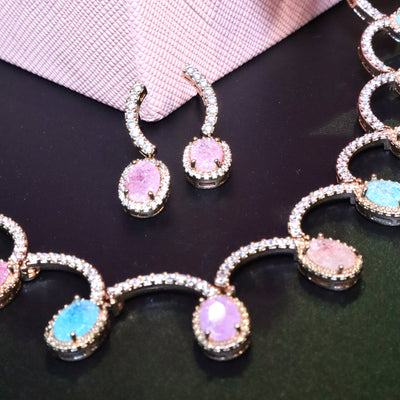 Pastel Oval Stone Curve Necklace Set in Rose Gold - SIA453419