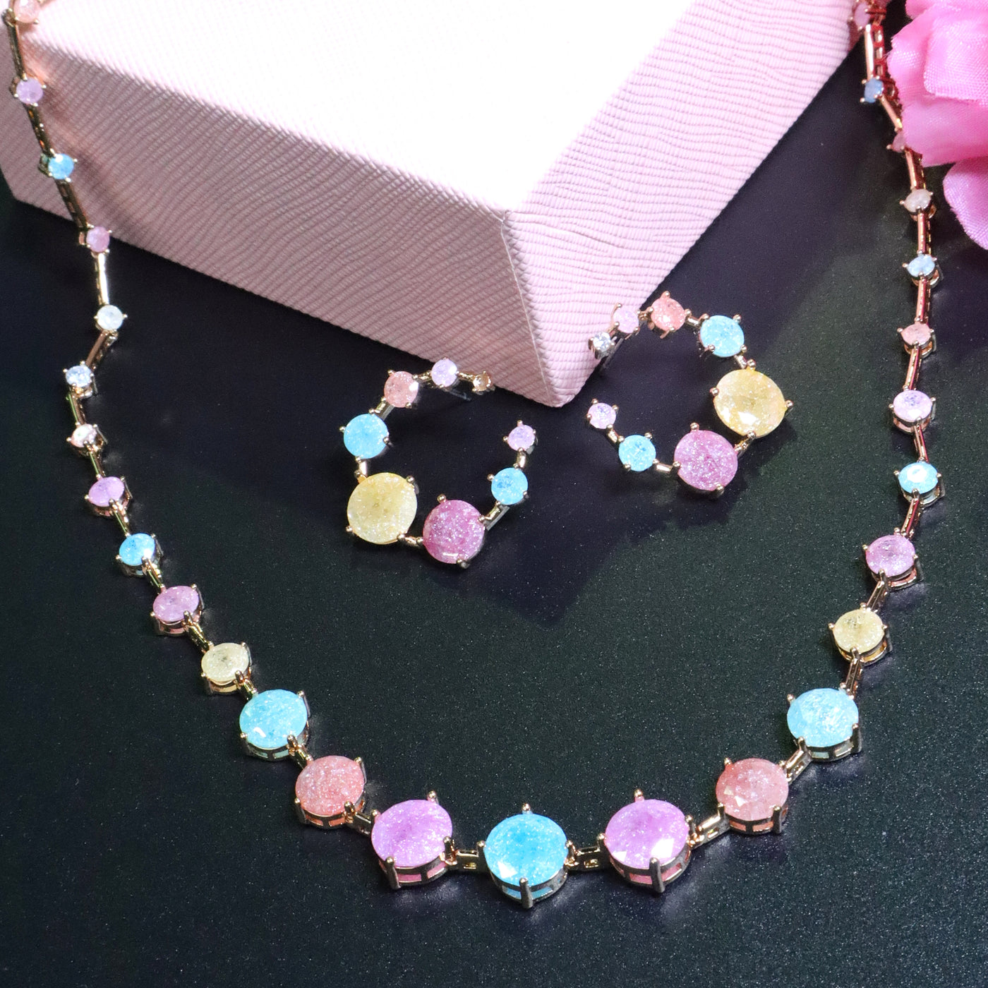Pastel Round Crystal Necklace Set in Gold Tone - SIA453429