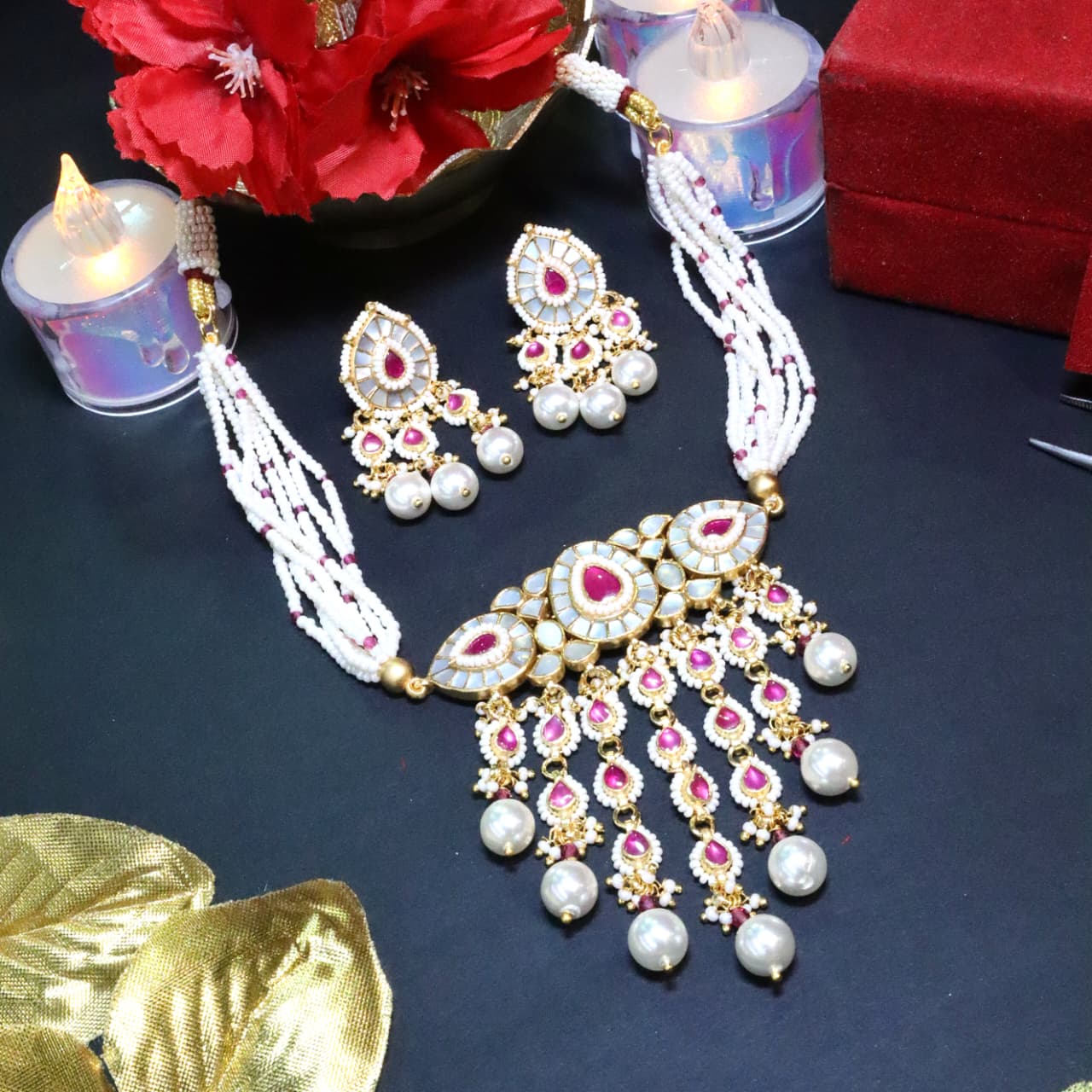 Pink Kundan Polki & Pearl Drop Choker set - SIA453717