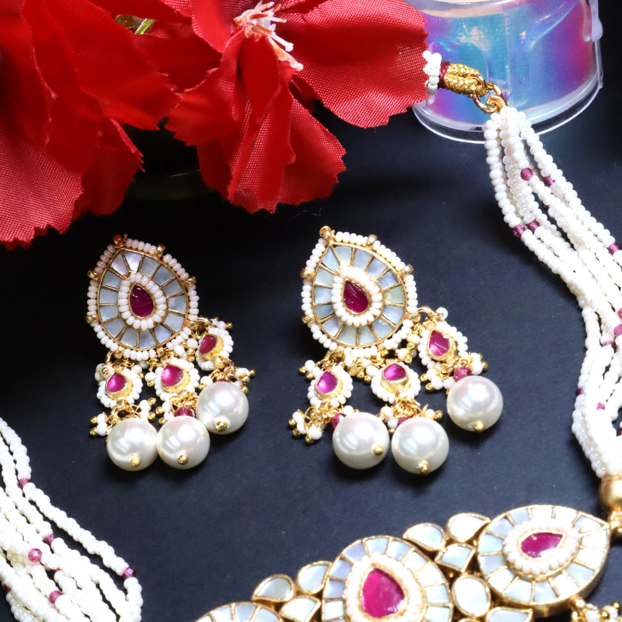 Pink Kundan Polki & Pearl Drop Choker set - SIA453717