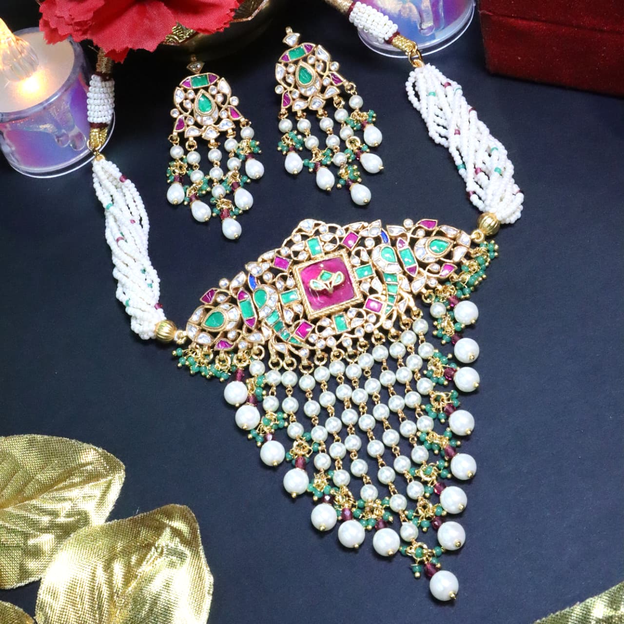 Emerald Green, Ruby Pink, and Pearl Kundan Polki Beaded Necklace Set - SIA453718