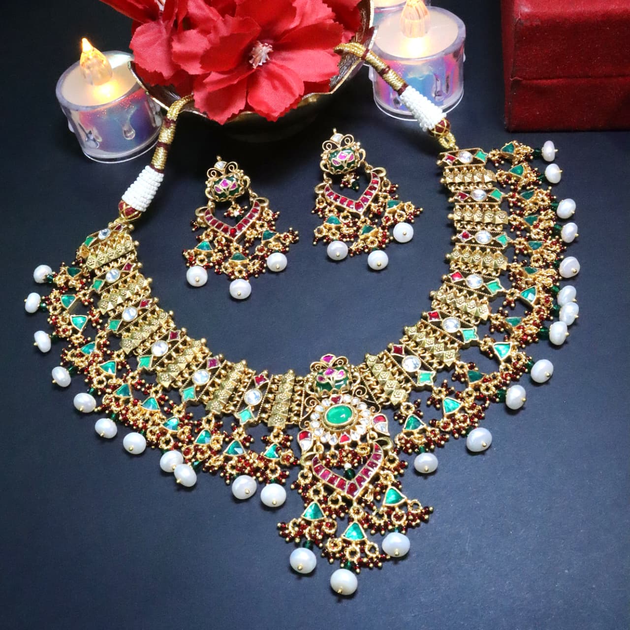 Traditional Gold Multi-Color Choker Necklace Set - SIA453719