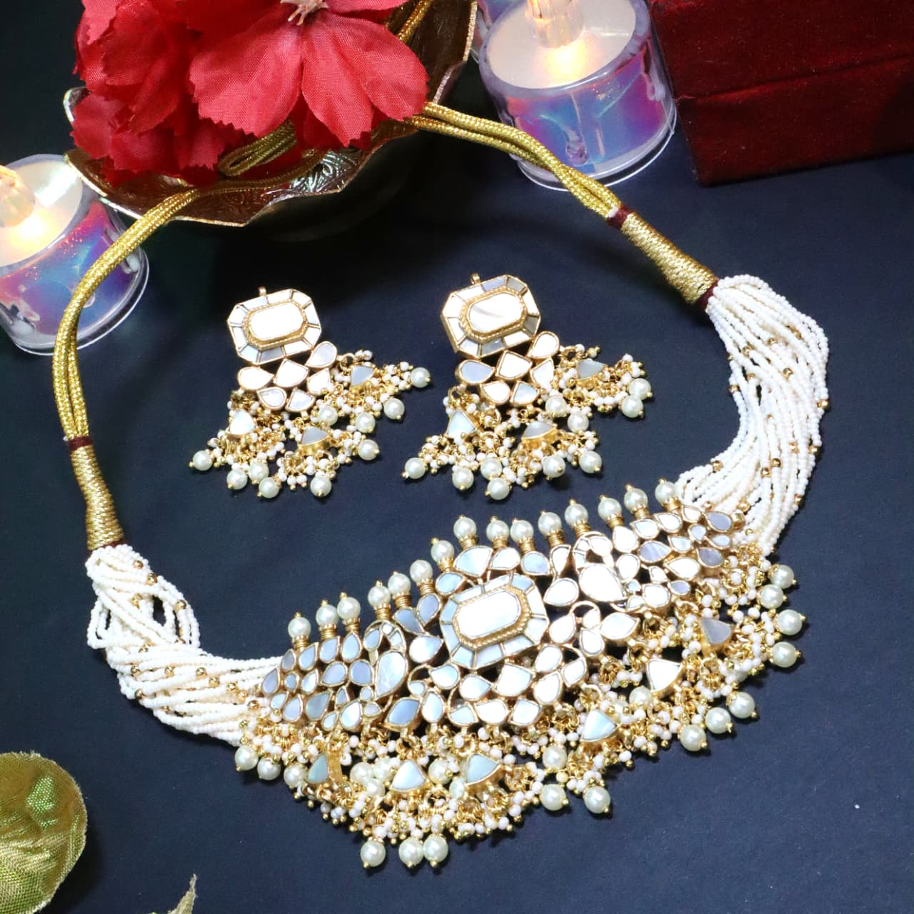 Traditional White Stone & Pearl Choker Set - SIA453722