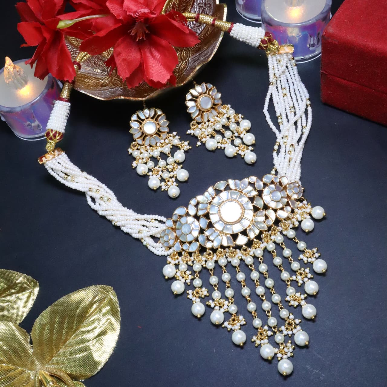 White Polki & Pearl Cascade Choker Set - SIA453723