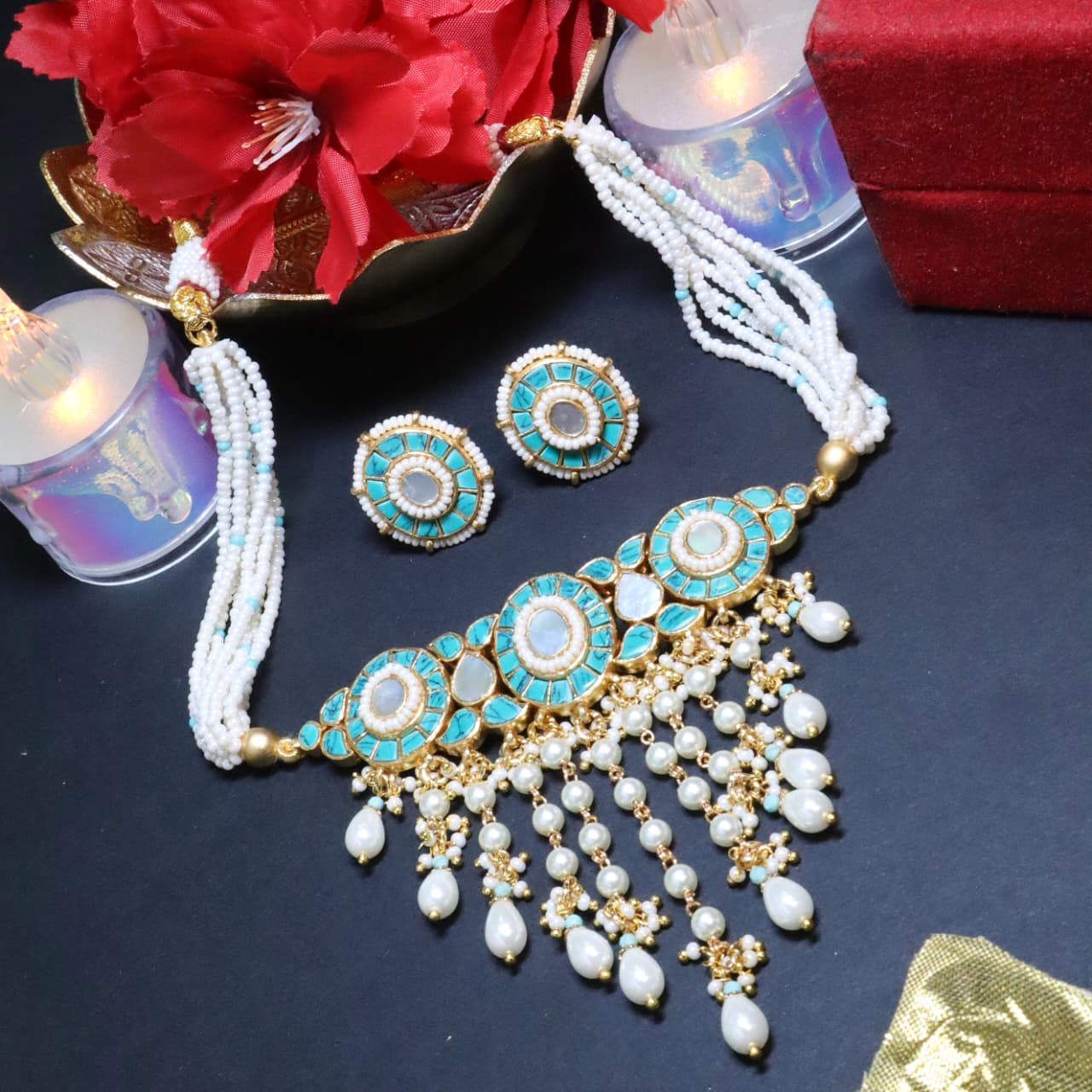 Turquoise Blue Polki & Pearl Choker Set - SIA453724