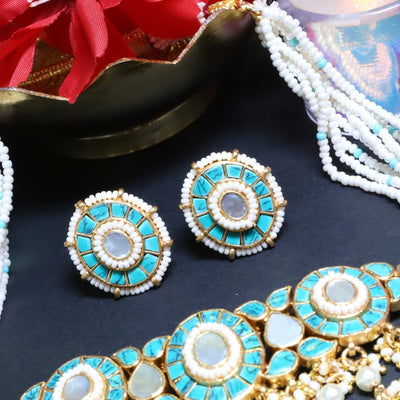 Turquoise Blue Polki & Pearl Choker Set - SIA453724
