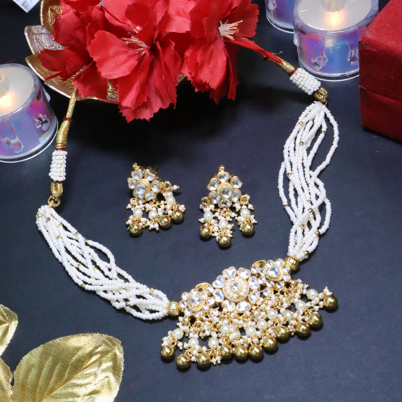 Kundan Style White Stone Beaded Choker Set - SIA453743