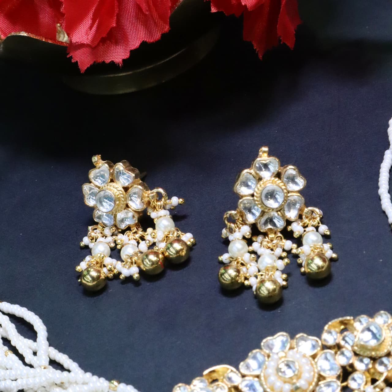 Kundan Style White Stone Beaded Choker Set - SIA453743