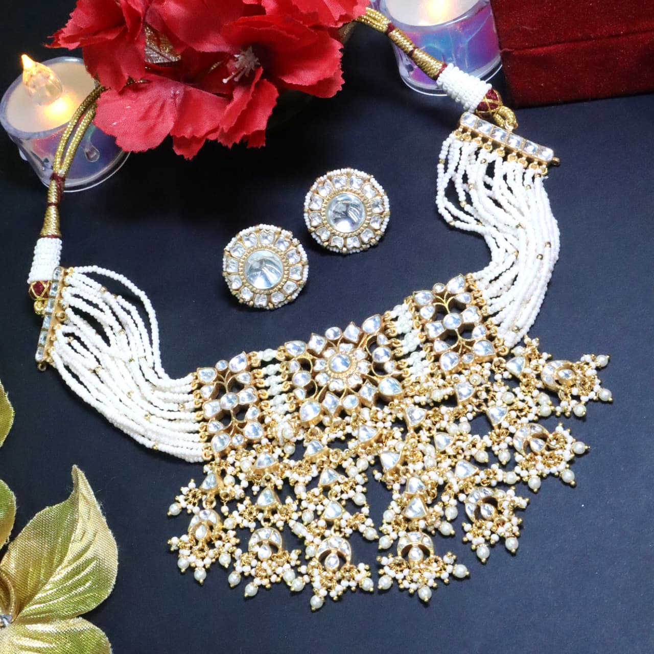 Multi-Strand Beaded Polki Necklace set - SIA453746