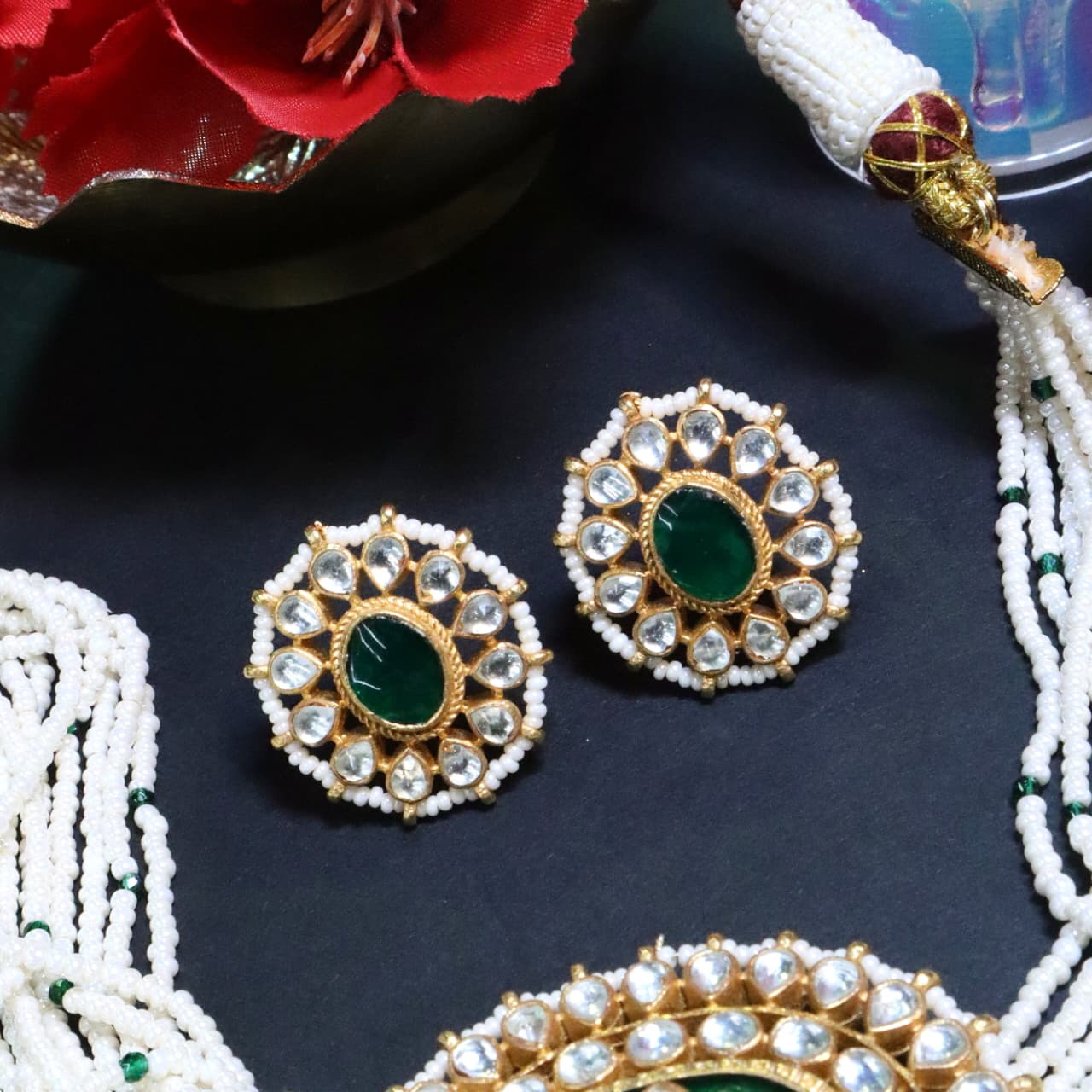 Emerald Green Polki & Pearl Choker Set - SIA453747