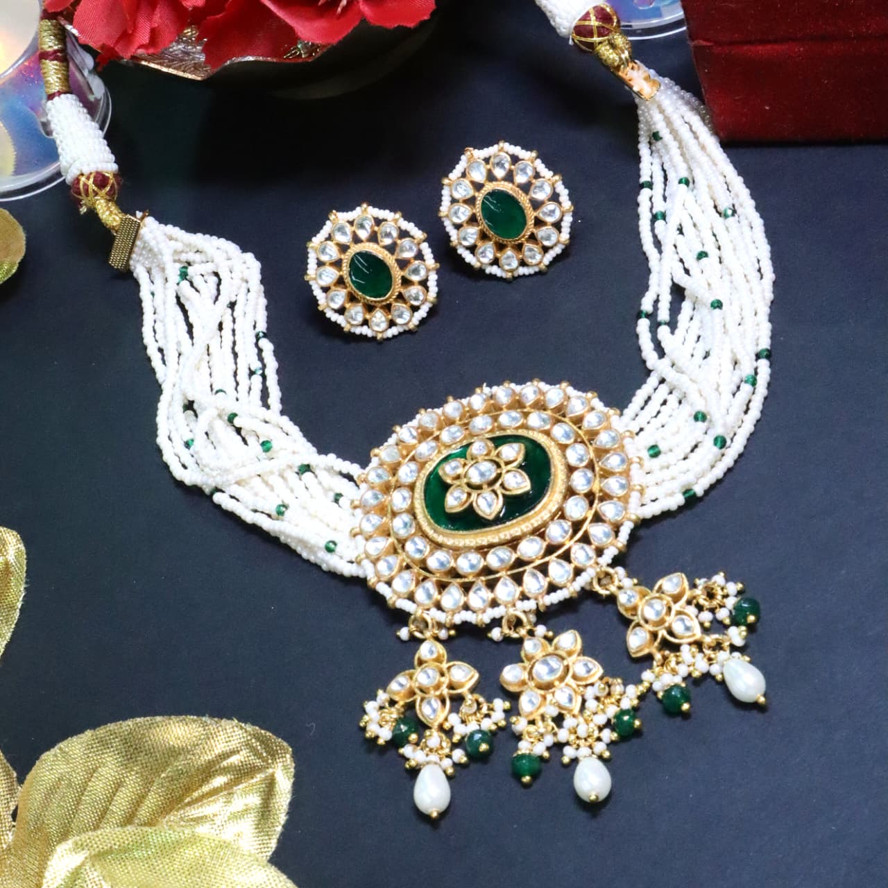 Emerald Green Polki & Pearl Choker Set - SIA453747