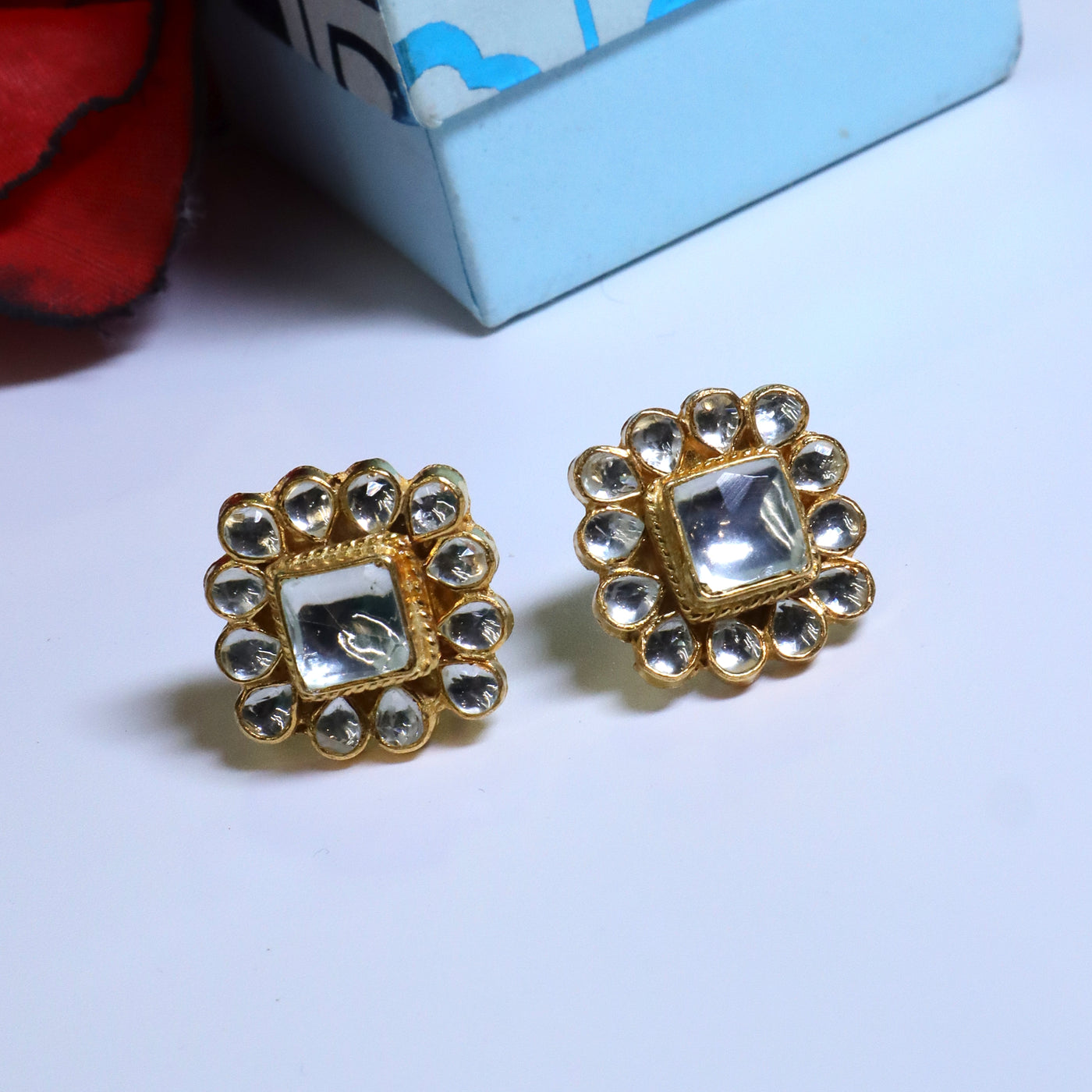 Silver Mirror Square Floral Stud Earrings in Gold Tone - SIA453748
