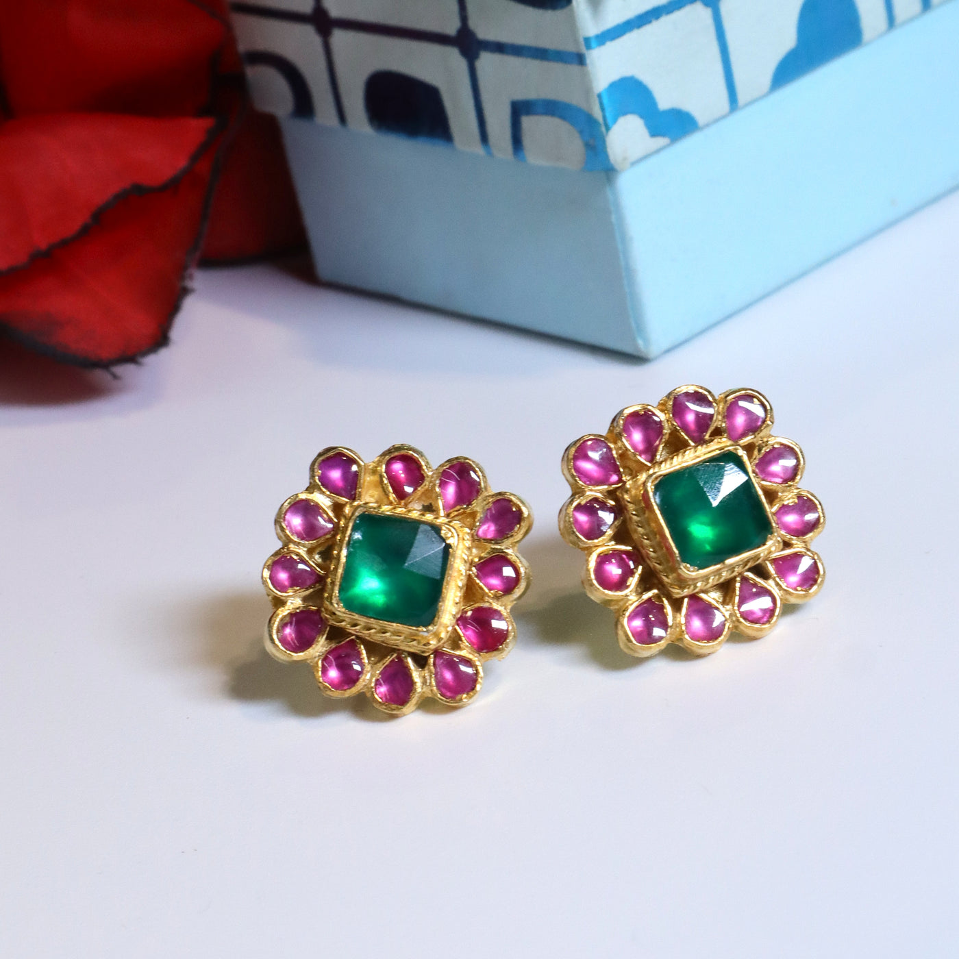 Green Square Stone Floral Studs with Pink Petal Design - SIA453749